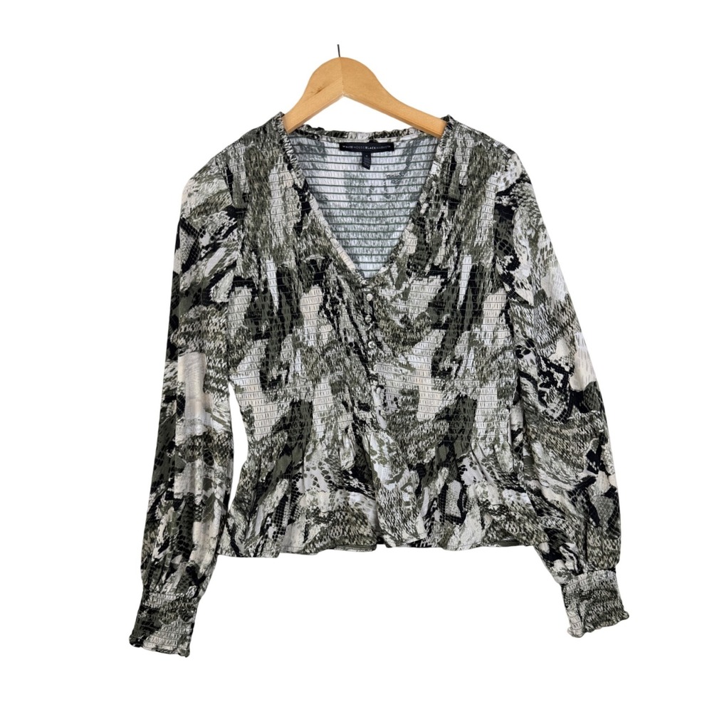 White House Black‎ Market Animal Print Smocked Long Sleeve Blouse size Small